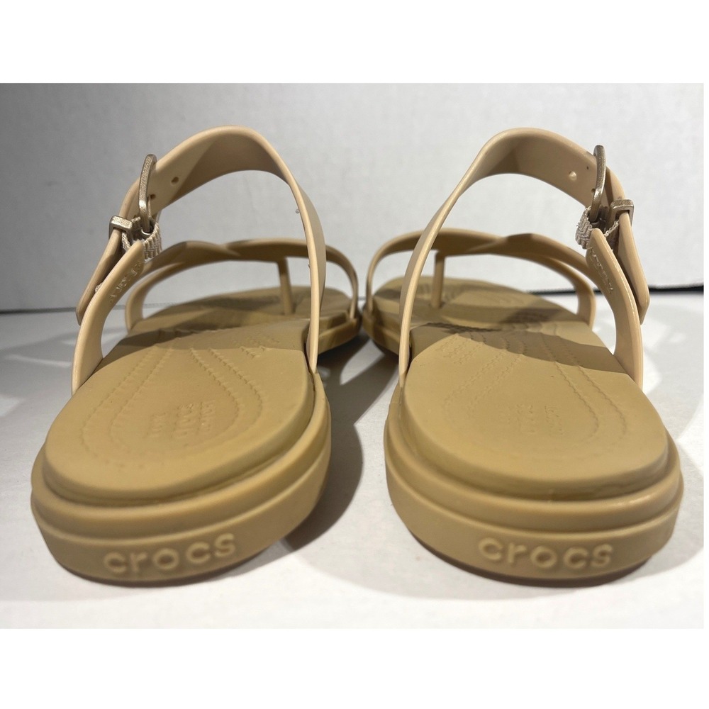 Crocs Sandals Womens 6 Tan Tulum Strappy Thong Buckle Flat Iconic Comfort Casual - Picture 3 of 6